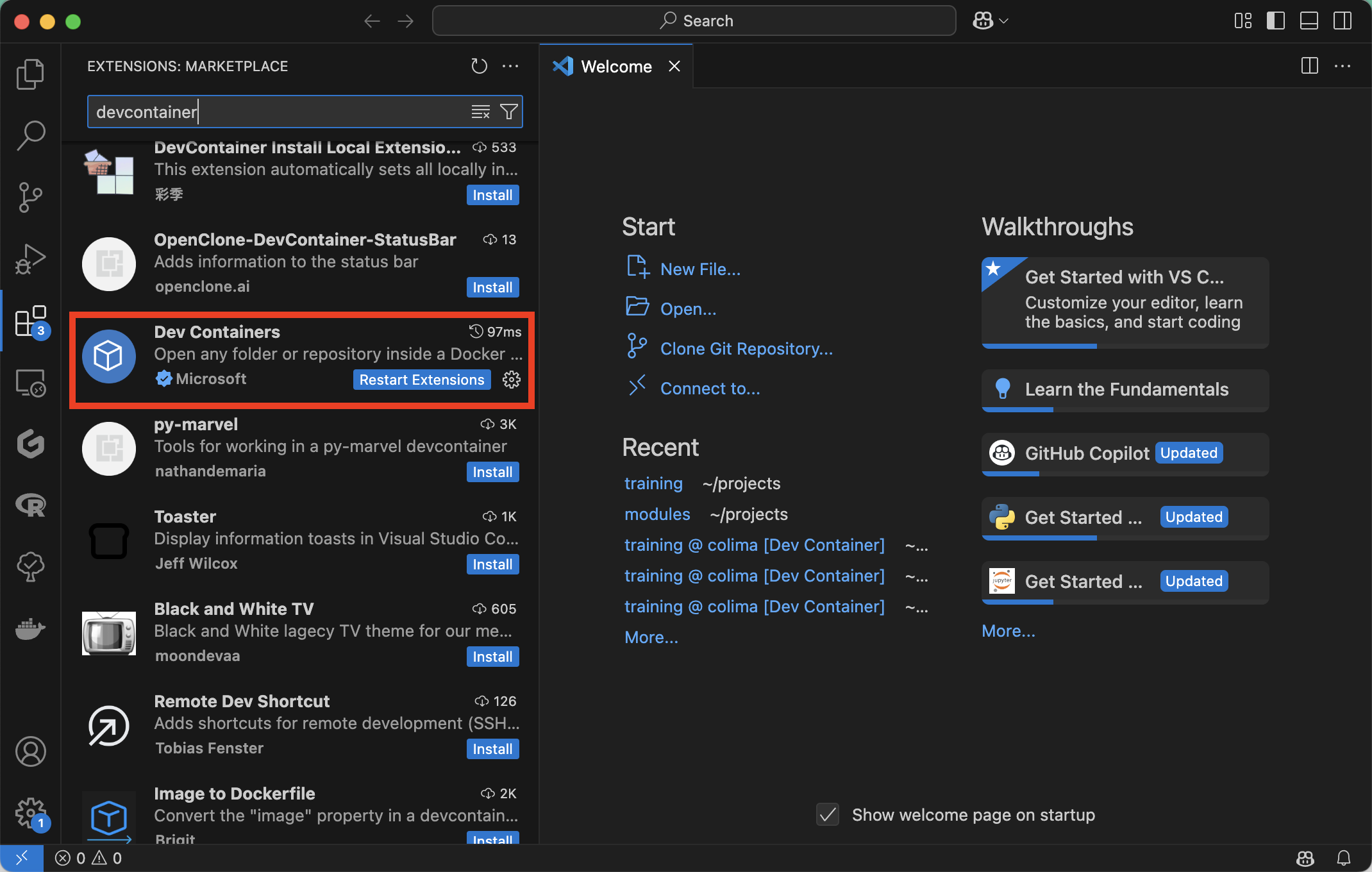 Instal·lant l'extensió Dev Containers a VS Code